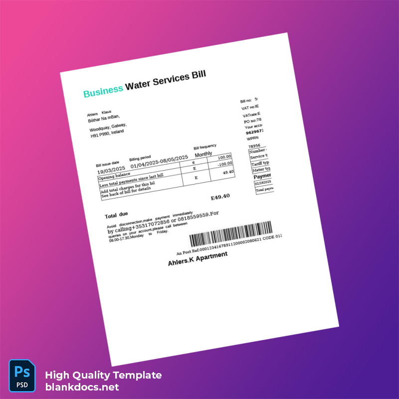 Ireland Ahlers K Apartment Editable Water Bill Template in Word and PDF formats