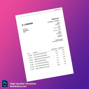 Ireland Monzo Bank Statement Template in Word and PDF formats