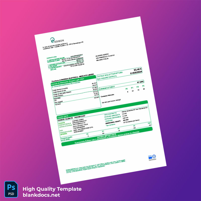 Italy Edison Energia S P A Editable Utility Bill Template in Word and PDF formats
