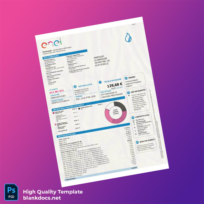 Italy Enel Energia Editable Utility Bill Template in Word and PDF formats