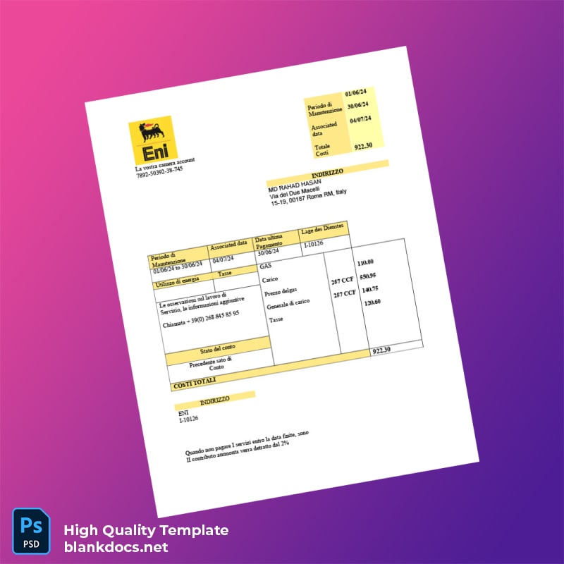 Italy Eni Editable Gas Bill Template in Word and PDF formats