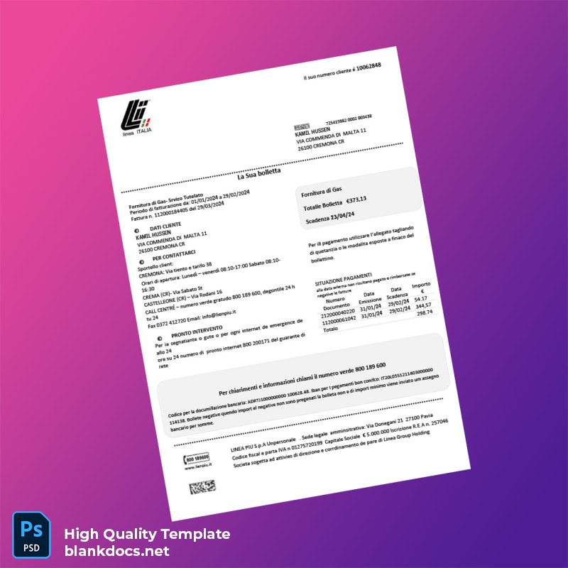 Italy LINEA PIU S P A Unipersonale Editable Gas Bill Template in Word and PDF formats