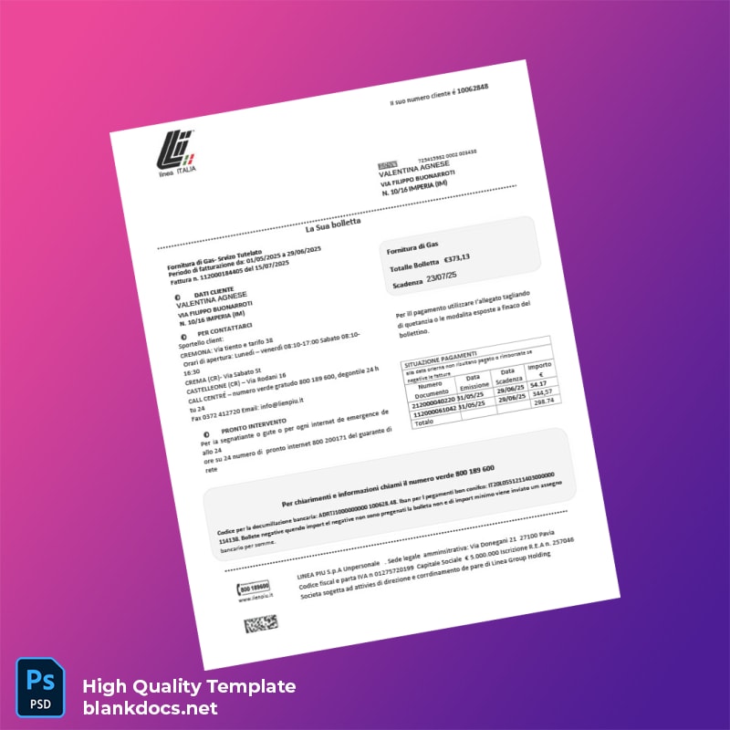 Italy LINEA PIU S P A Unipersonale Editable Utility Bill Template in Word and PDF formats