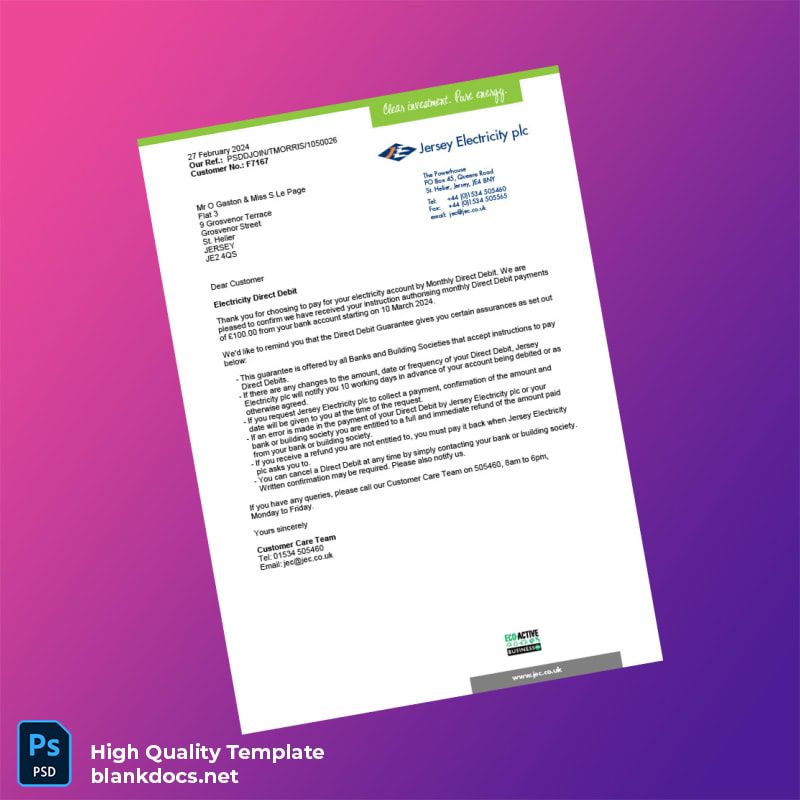 Jersey Jersey Electricity Plc Editable Electricity Bill Template in Word and PDF formats