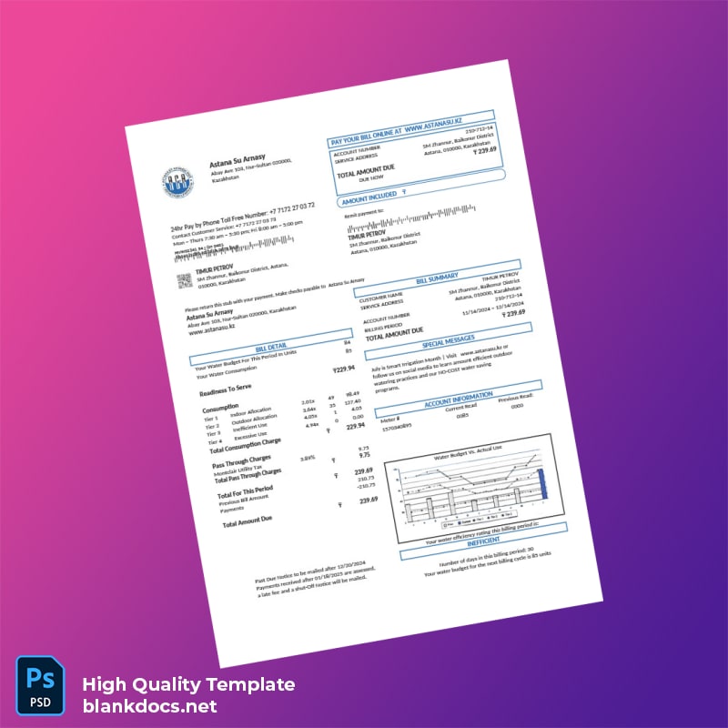 Kazakhstan Astana Su Arnasy Editable Utility Bill Template in Word and PDF formats