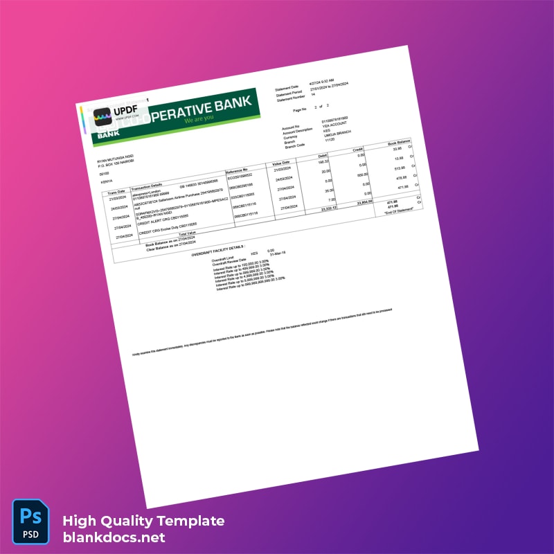 Kenya Cooperative Bank Statement Template in Word and PDF formats page 2