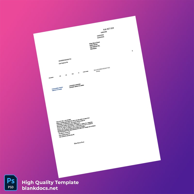 Kenya Energy Editable Utility Bill Template in Word and PDF formats