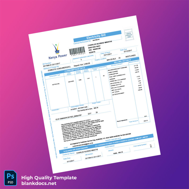 Kenya Kenya Power Lighting Company Limited Editable Electricity Bill Template in Word and PDF formats