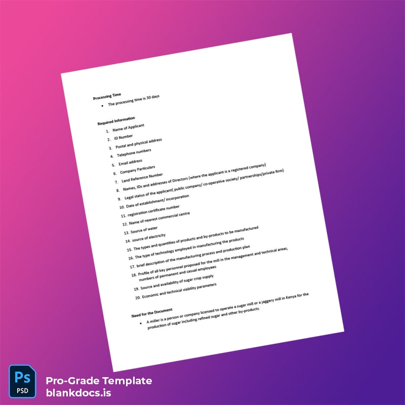 Blank Kenya Sugar Miller Registration Renewal Certificate Template in Word and PDF formats page 2 Document Preview