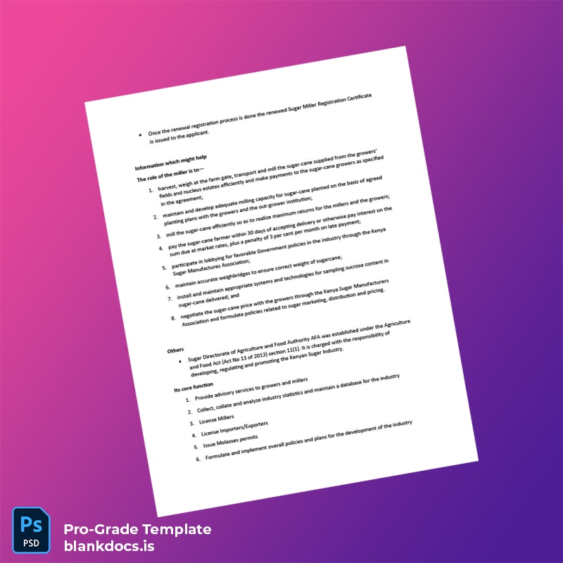 Blank Kenya Sugar Miller Registration Renewal Certificate Template in Word and PDF formats page 4 Document Preview