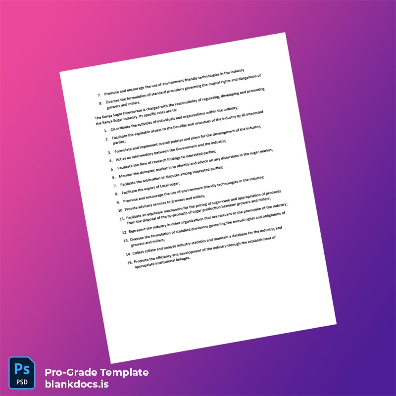 Blank Kenya Sugar Miller Registration Renewal Certificate Template in Word and PDF formats page 5 Document Preview