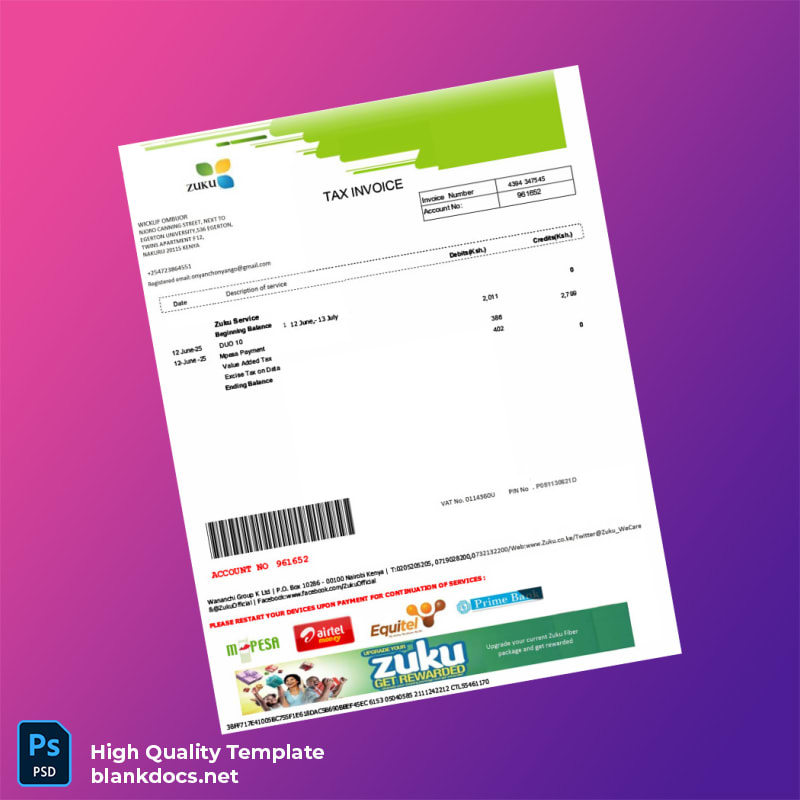 Kenya Wananchi Group K Ltd Editable Internet Bill Template in Word and PDF formats