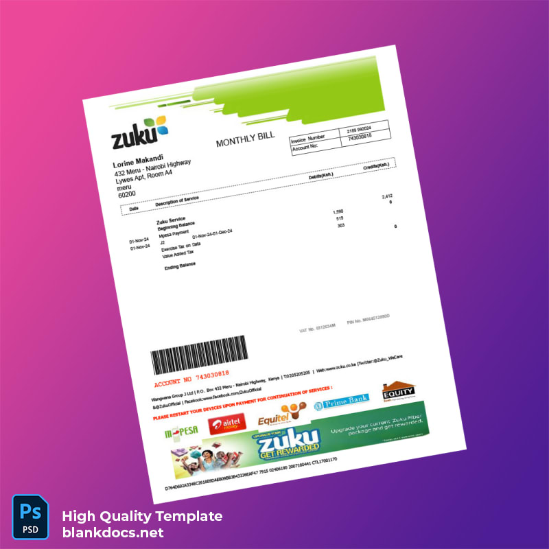 Kenya Wangwana Group J Ltd Editable Utility Bill Template in Word and PDF formats