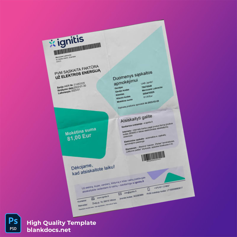 Lithuania UAB Ignitis Editable Electricity Bill Template in Word and PDF formats