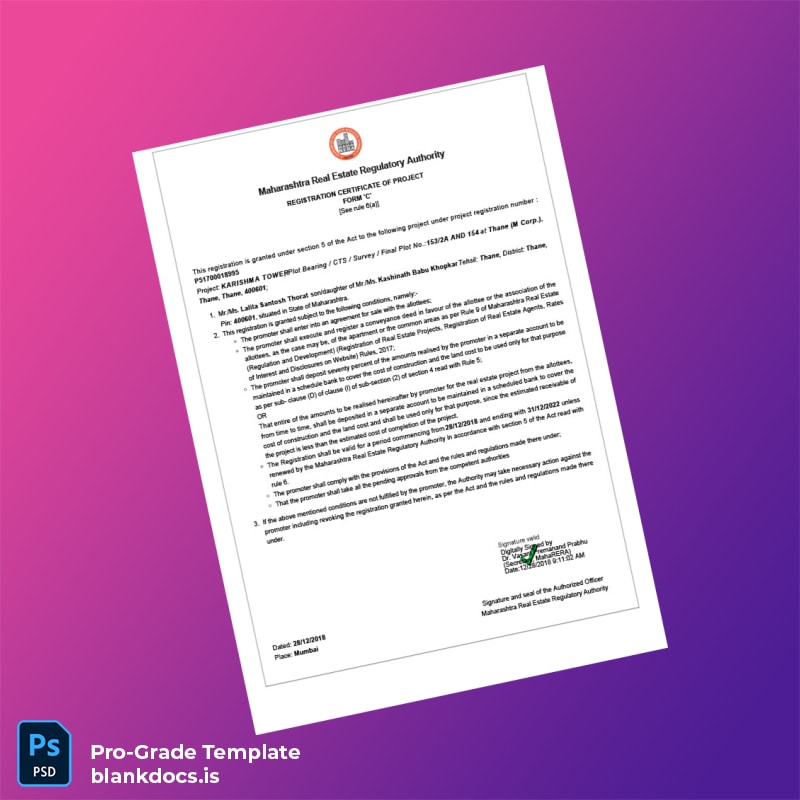 Blank Maharashtra Real Estate Regulatory Authority Registration Certificate Template (Word/PDF) Document Preview - BlankDocs