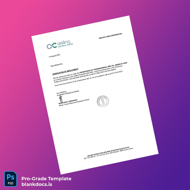 Blank Malaysia Aisling Consulting Employment Verification Letter Template (Word/PDF) Document Preview - BlankDocs