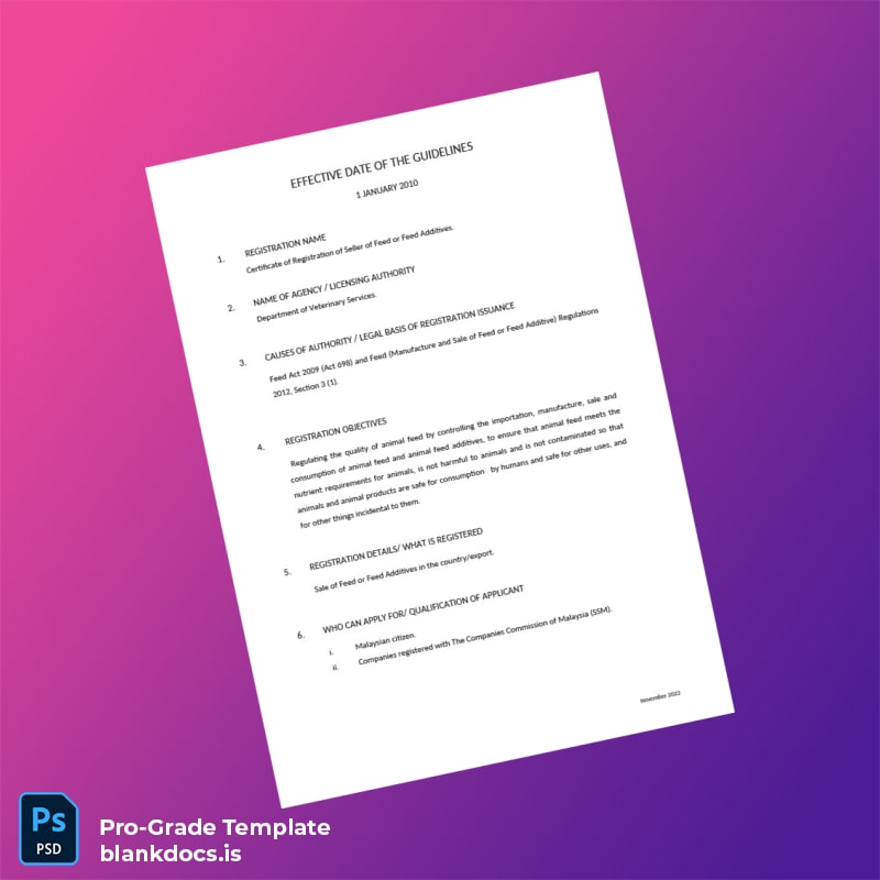 Blank Malaysia Department of Veterinary Services Business Registration Certificate Template in Word and PDF formats page 2 Document Preview - BlankDocs