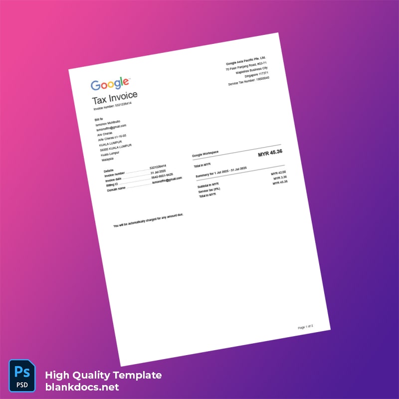 Malaysia Google Workspace Editable Utility Bill Template in Word and PDF formats