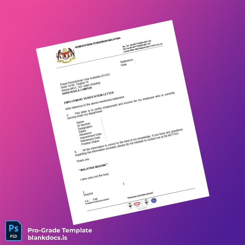 Blank Malaysia Kementerian Pendidikan Employment Verification Letter Template (Word/PDF) Document Preview - BlankDocs