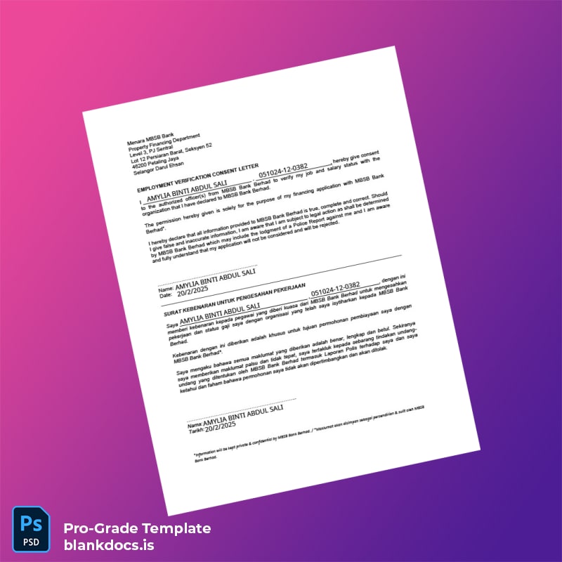 Blank Malaysia MBSB Bank Berhad Employment Verification Letter Template (Word/PDF) Document Preview - BlankDocs