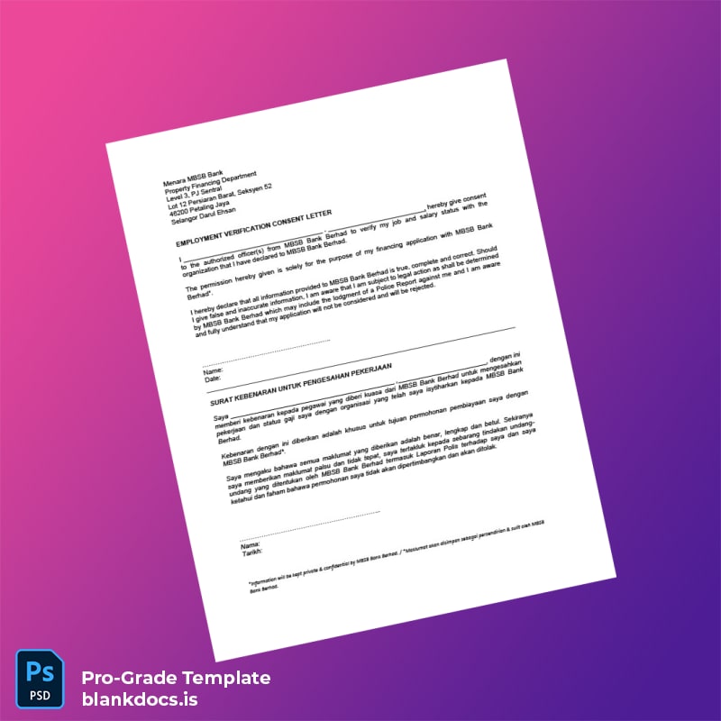 Blank Malaysia MSBS Bank Berhad Employment Verification Letter Template (Word/PDF) Document Preview - BlankDocs
