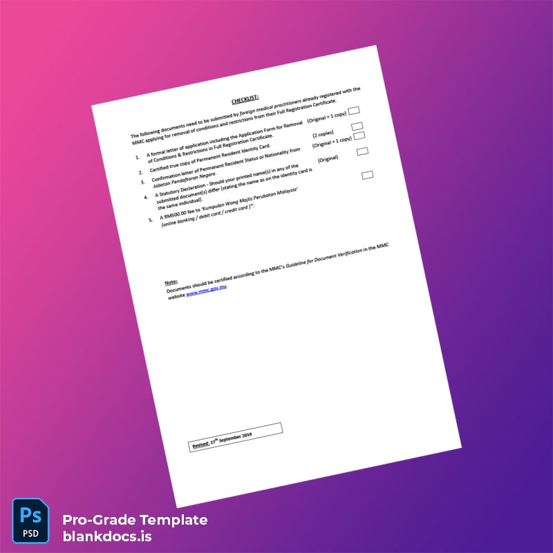 Blank Malaysia Malaysian Medical Council Application for Removal of Conditions and Restrictions from Full Registration Certificate Tem page 2 Document Preview - BlankDocs