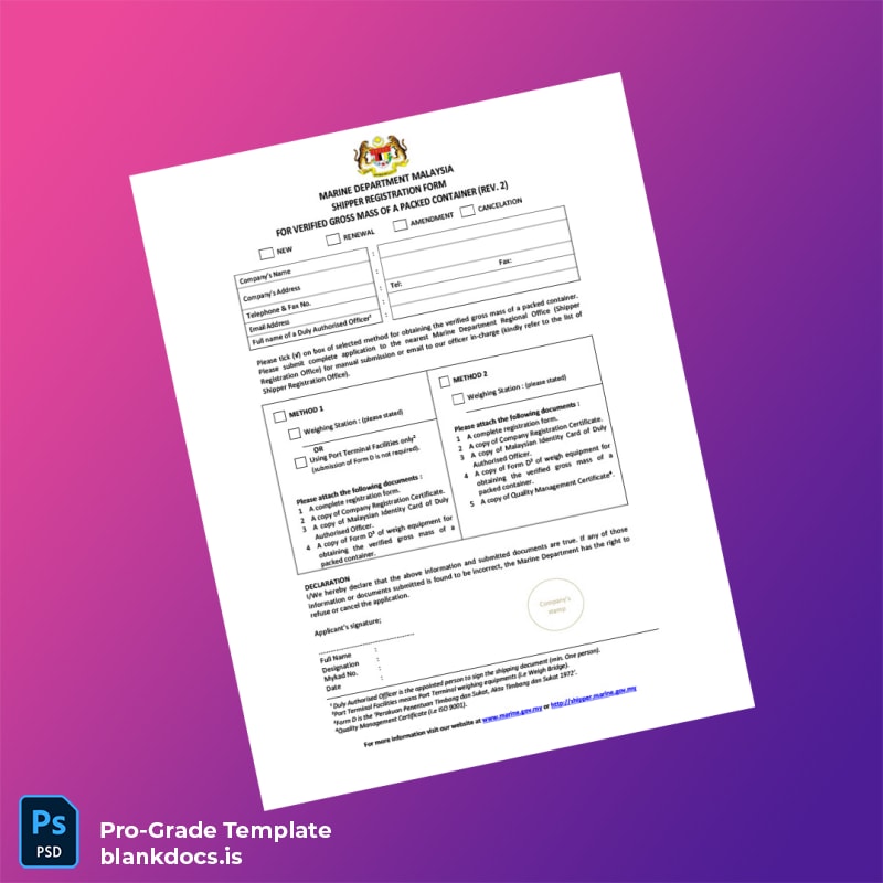 Blank Malaysia Marine Department Shipper Registration Form Template (Word/PDF) Document Preview - BlankDocs