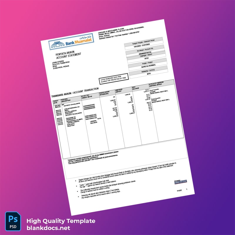 Malaysia Meamulat Bank Statement Template in Word and PDF formats