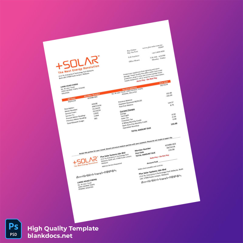 Malaysia Plus Solar Systems Sdn Bhd Editable Utility Bill Template in Word and PDF formats