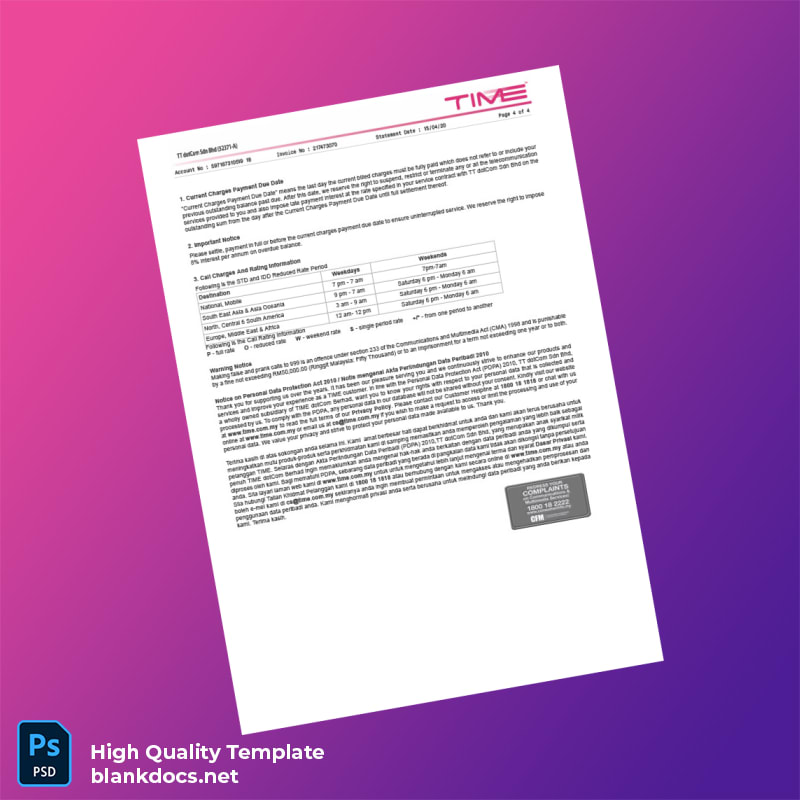 Malaysia TT dotCom Sdn Bhd Editable Internet Bill Template in Word and PDF formats page 4