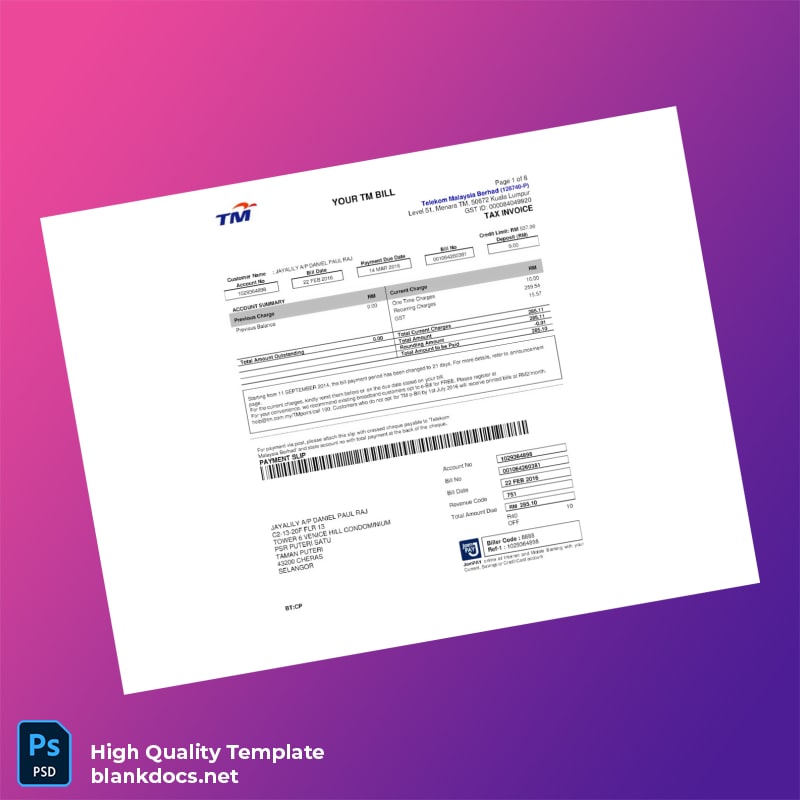 Malaysia Telekom Editable Utility Bill Template in Word and PDF formats