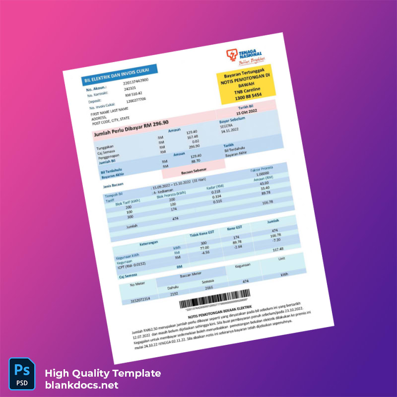 Malaysia Tenaga Nasional Berhad Editable Electricity Bill Template in Word and PDF formats