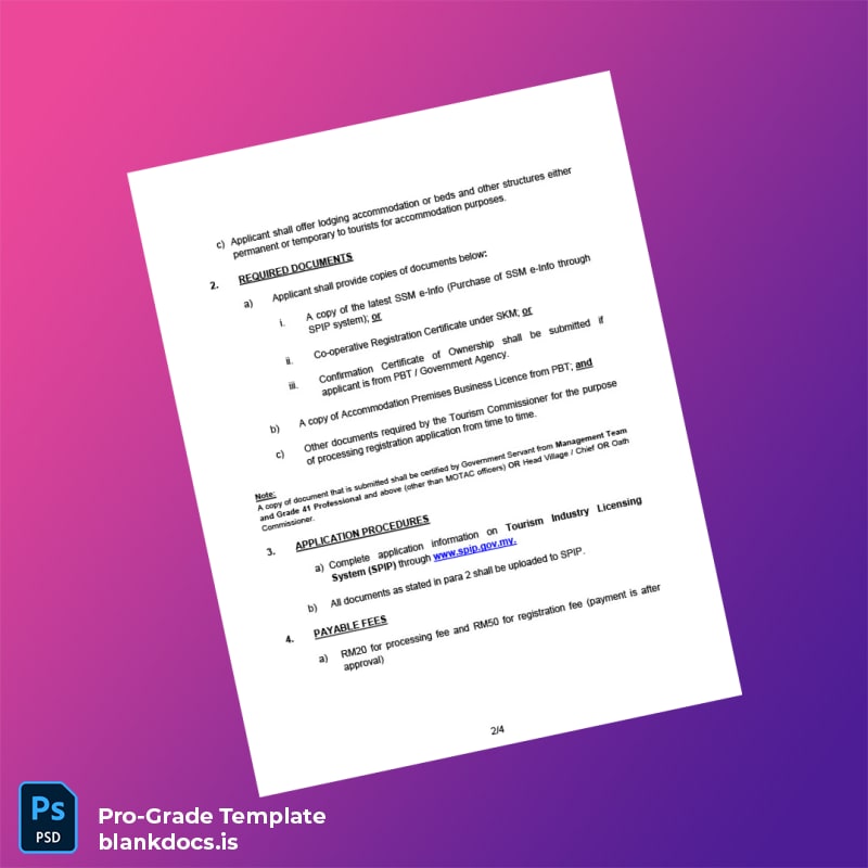 Blank Malaysia Tourism Ministry Registration Certificate Template in Word and PDF formats page 2 Document Preview - BlankDocs