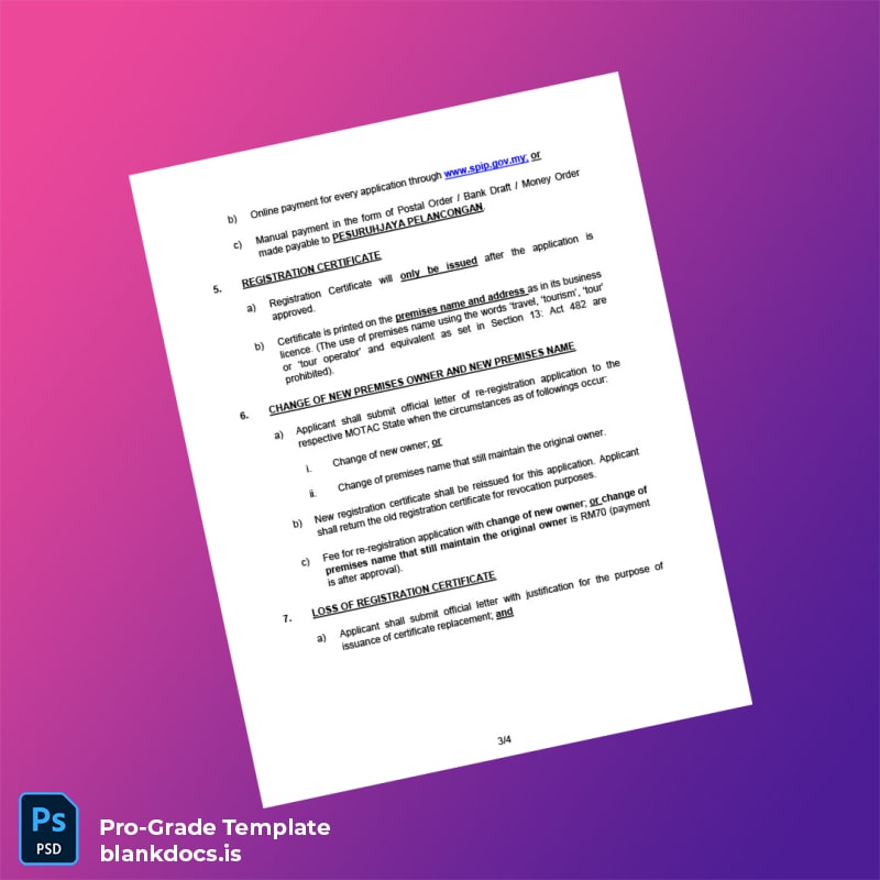 Blank Malaysia Tourism Ministry Registration Certificate Template in Word and PDF formats page 3 Document Preview - BlankDocs