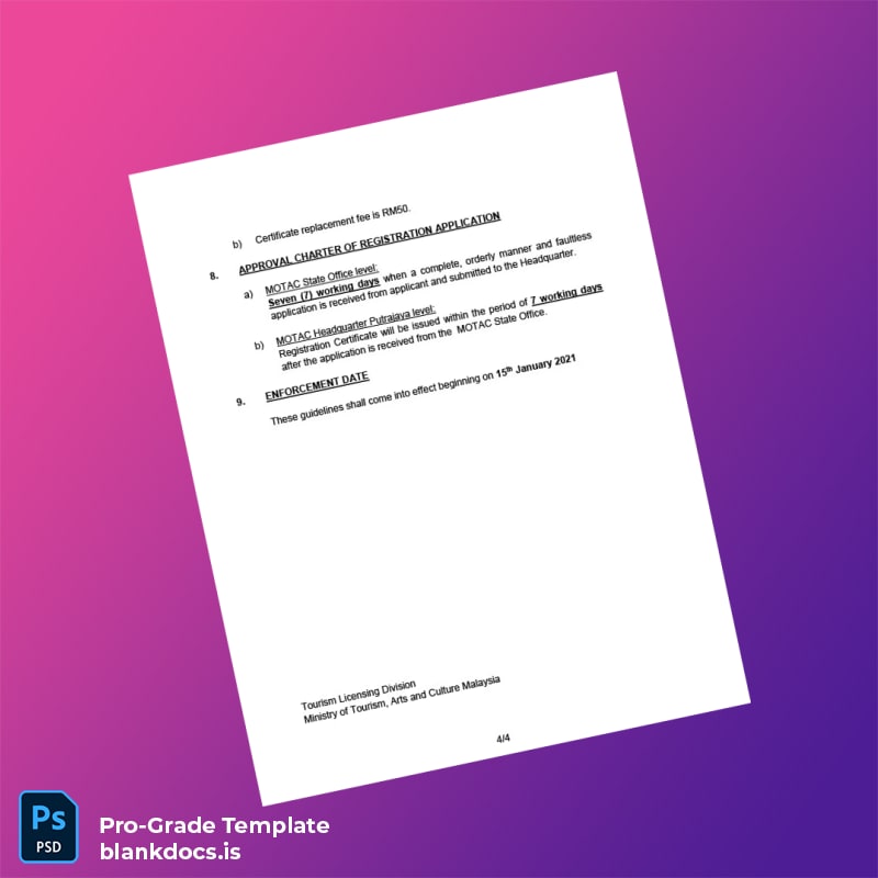 Blank Malaysia Tourism Ministry Registration Certificate Template in Word and PDF formats page 4 Document Preview - BlankDocs