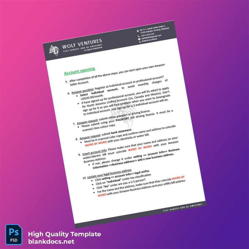 Malaysia Wolf Ventures Editable Amazon Seller Account Instructions Template in Word and PDF formats page 3