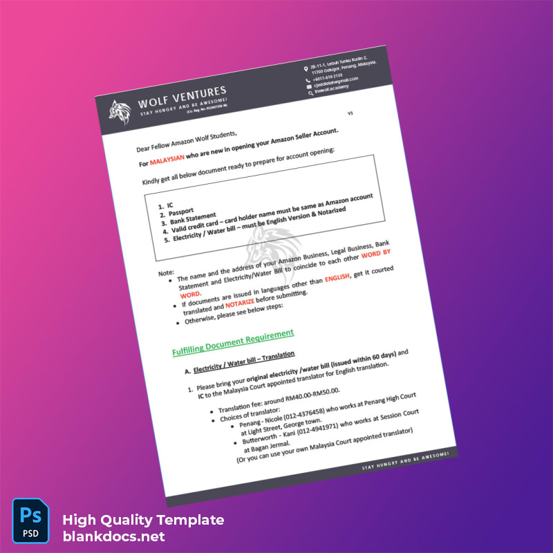 Malaysia Wolf Ventures Editable Amazon Seller Account Instructions Template in Word and PDF formats