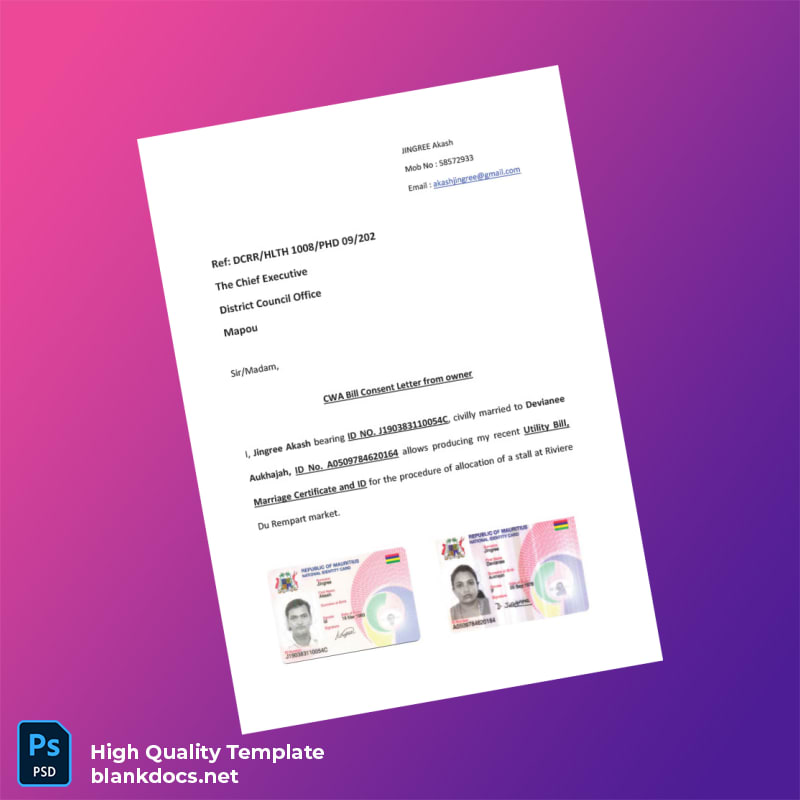 Mauritius District Council Office Mapou Editable CWA Bill Consent Letter Template in Word and PDF formats