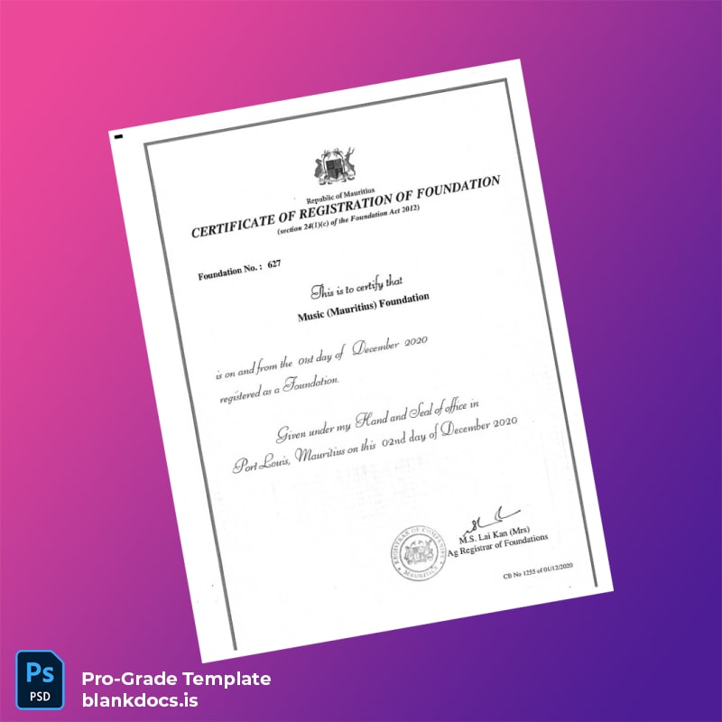 Blank Mauritius Registrar of Foundations Registration Certificate Template (Word/PDF) Document Preview