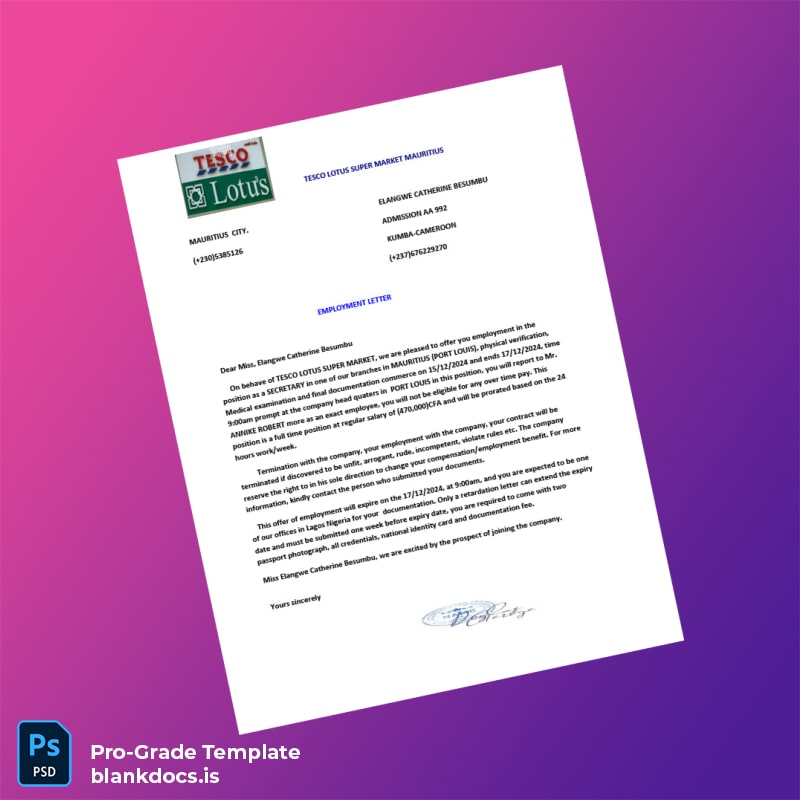 Blank Mauritius TESCO LOTUS SUPER MARKET Employment Verification Letter Template (Word/PDF) Document Preview - BlankDocs