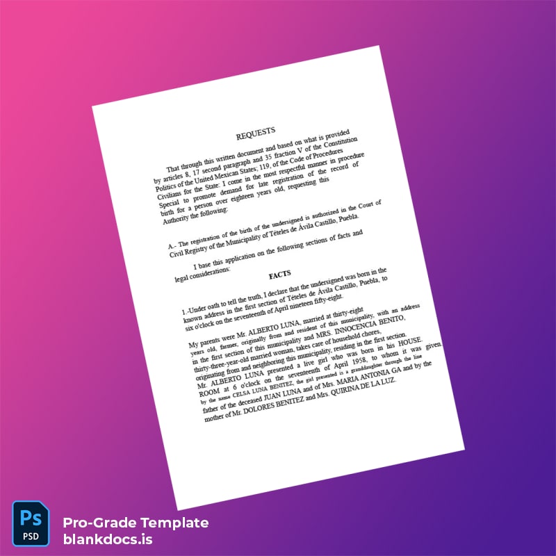 Blank Mexico Municipal Registry Late Registration Petition for Birth Certificate Template in Word and PDF formats page 2 Document Preview - BlankDocs