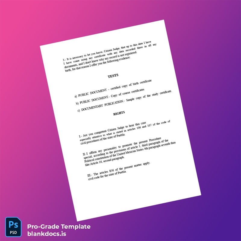 Blank Mexico Municipal Registry Late Registration Petition for Birth Certificate Template in Word and PDF formats page 3 Document Preview - BlankDocs