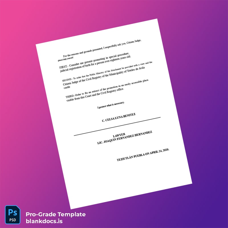 Blank Mexico Municipal Registry Late Registration Petition for Birth Certificate Template in Word and PDF formats page 4 Document Preview - BlankDocs