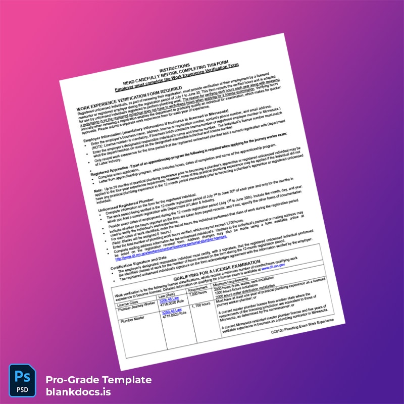Blank Minnesota Plumbing Work Experience Verification Form Template in Word and PDF formats page 2 Document Preview - BlankDocs