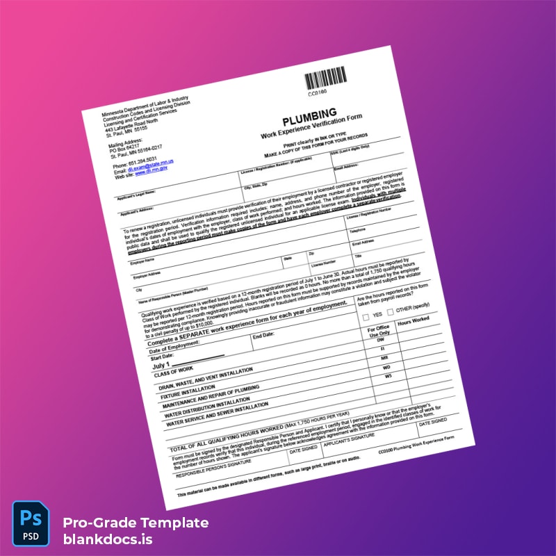 Blank Minnesota Plumbing Work Experience Verification Form Template (Word/PDF) Document Preview - BlankDocs