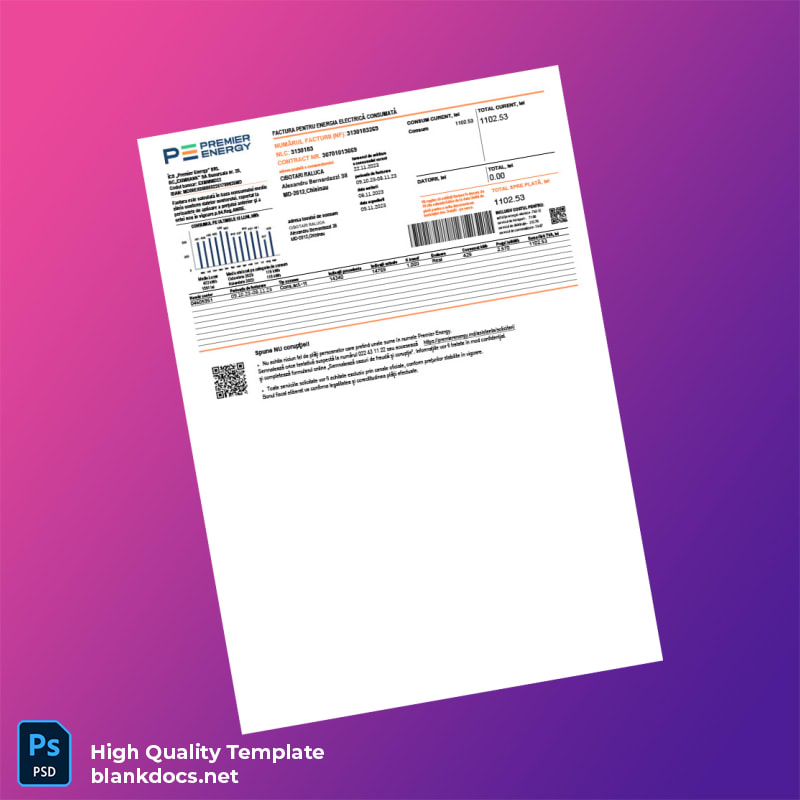 Moldova Premier Energy Editable Utility Bill Template in Word and PDF formats