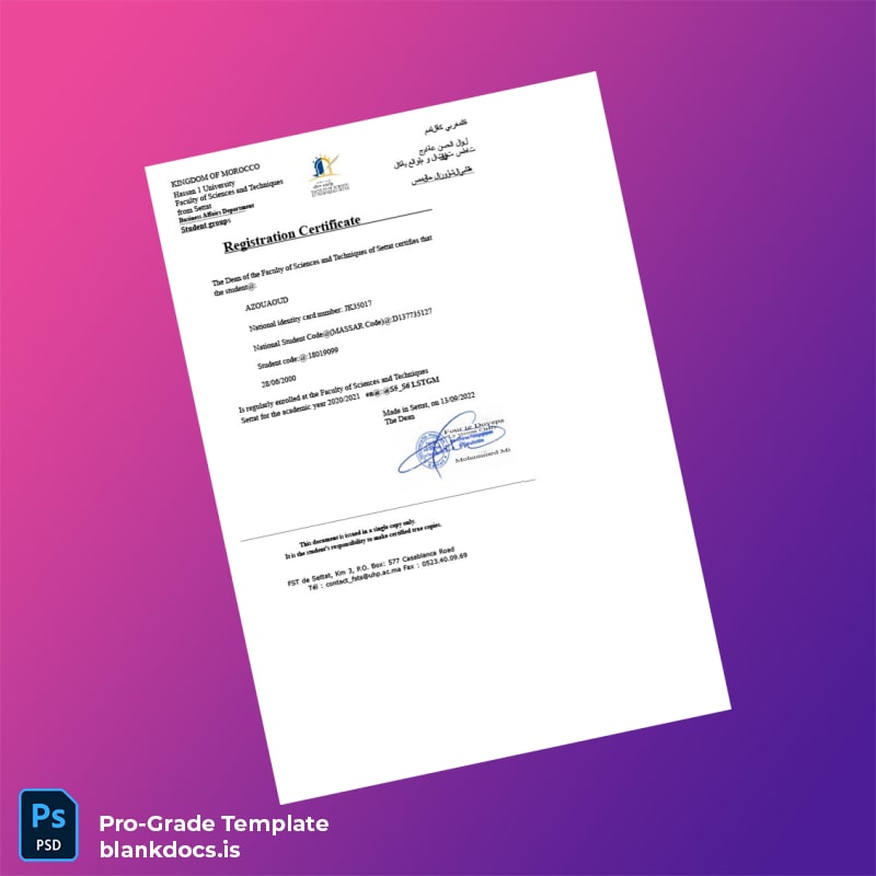 Blank Morocco Faculty of Sciences and Techniques Registration Certificate Template (Word/PDF) Document Preview - BlankDocs