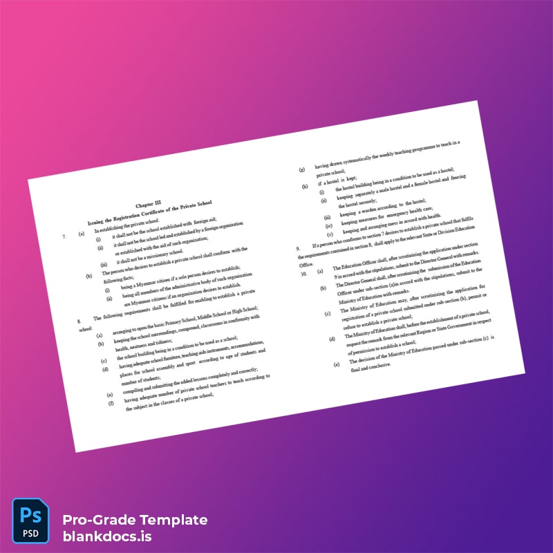 Blank Myanmar Ministry of Education Private School Registration Certificate Template in Word and PDF formats page 3 Document Preview