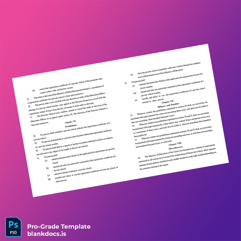 Blank Myanmar Ministry of Education Private School Registration Certificate Template in Word and PDF formats page 6 Document Preview