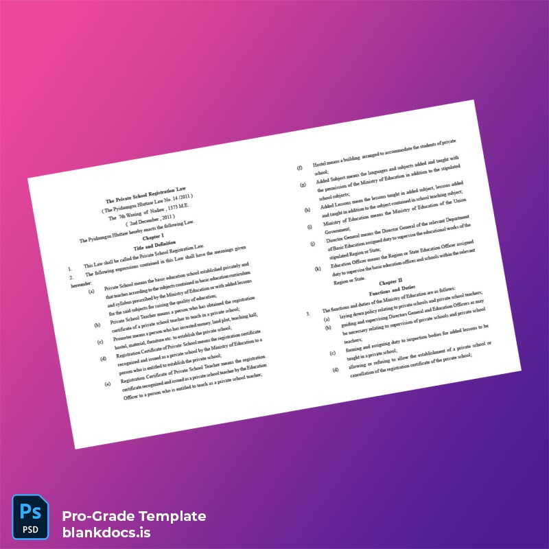 Blank Myanmar Ministry of Education Private School Registration Certificate Template (Word/PDF) Document Preview